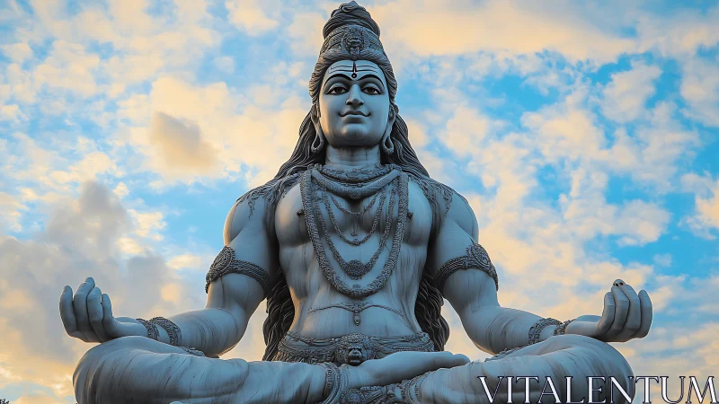 Monumental meditative deity sculpture under stratified dawn sky.