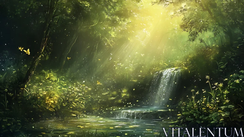 Sunlit forest waterfall where quiet magic feels close.