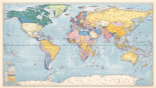 Vintage political world map with pastel landmasses and graticule.