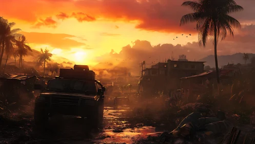 Sunburnt escape truck crawling through jungle shantytown dusk.