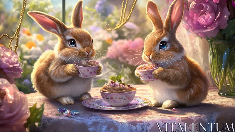 Whimsical bunnies share a pastel garden tea party moment