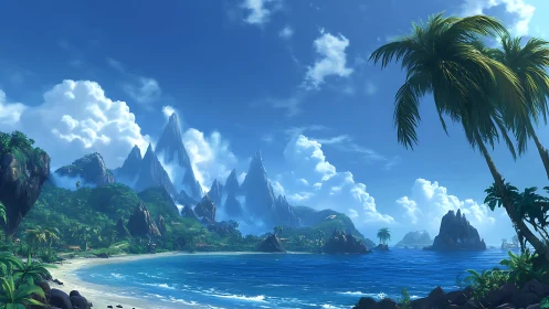 Tropical Island Landscape With Dramatic Peaks and Beach