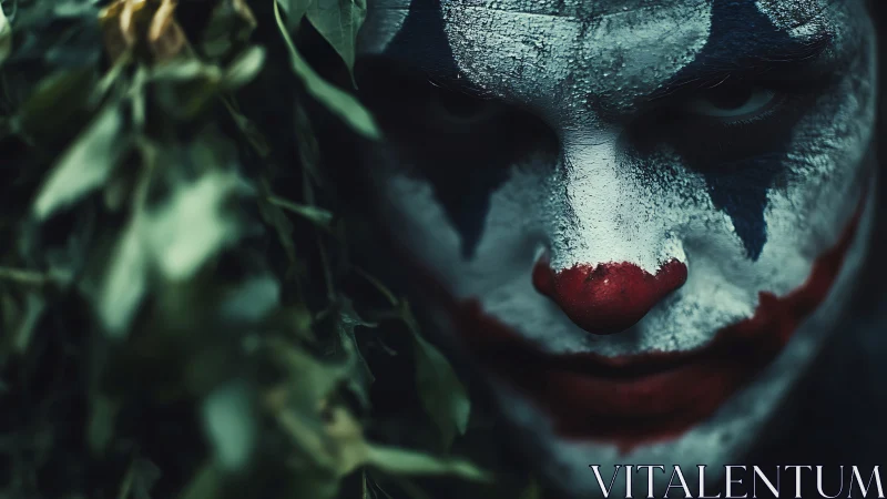 Sinister clown portrait peers through shadowed foliage gloom