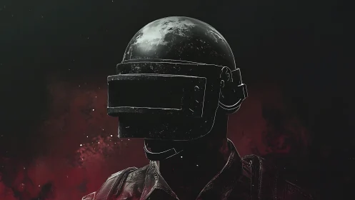 Helmeted shadow stalks through cosmic red digital smoke