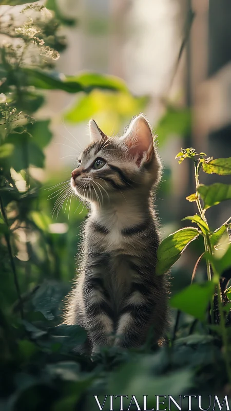 Tabby Kitten in Garden Setting with Natural Backlighting.