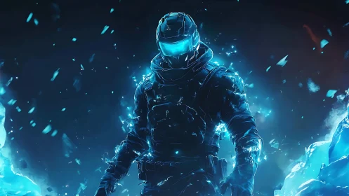 Cryo Vanguard strides through shattering neon froststorm.