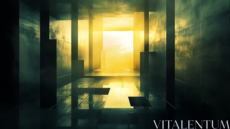 Brutalist Corridor with Luminous Exit Portal.