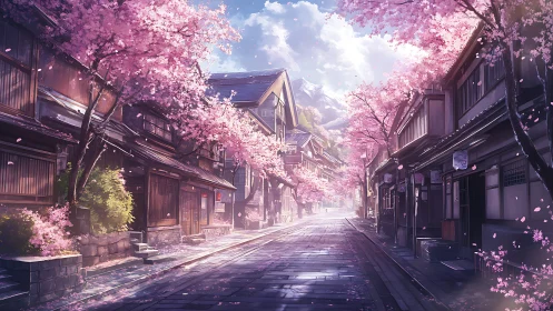 Cherry blossoms lining quiet traditional Japanese street.