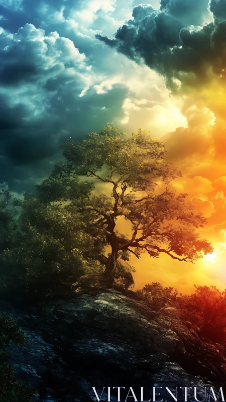 Lone tree stands on rocky slope under divided stormy sky