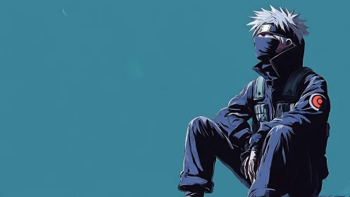 Stoic masked shinobi resting in a teal daydream void.