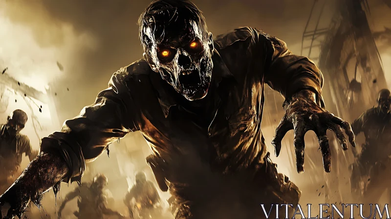 Burning-eyed zombie lunges forward in apocalyptic ruins.