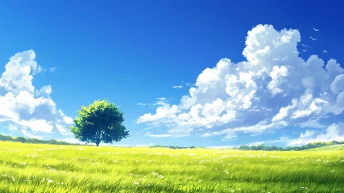 Single tree anchors saturated meadow under cumulonimbus sky