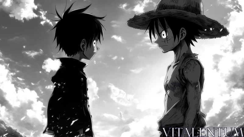 Two silhouetted anime boys facing each other under clouds.
