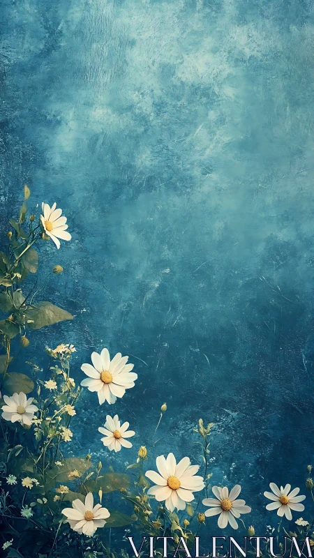 White Daisies Against Textured Teal Background Surface