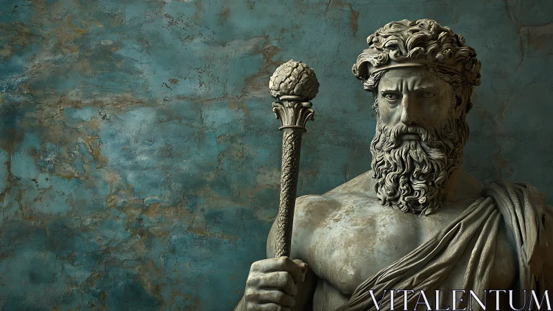 Stone male bust with staff stands against textured wall