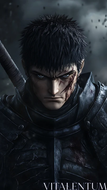 Armored warrior portrait renders intense, battle-worn resolve