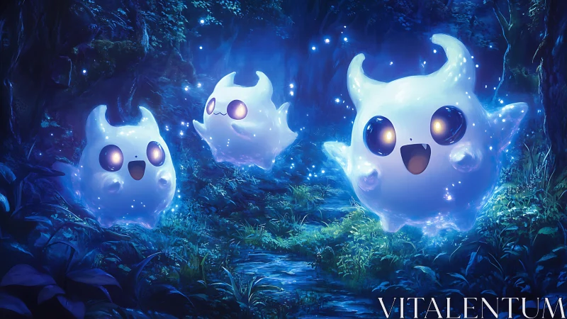 Glowing forest spirits drift through luminous moonlit clearing
