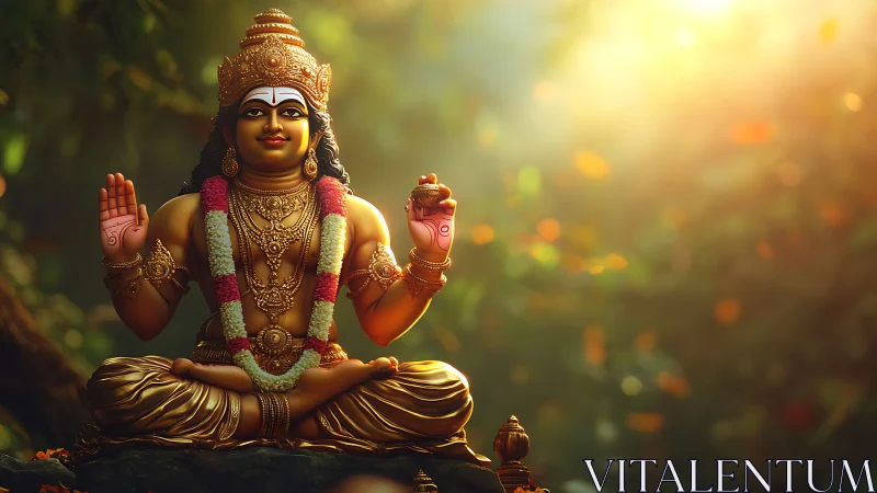 Golden seated deity statue holds pot in forest sunlight