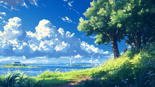 Littoral windscape with cumulus towers and shaded hillside margin.