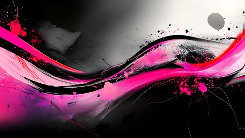 Neon magenta waves slash glossy black abstract field.