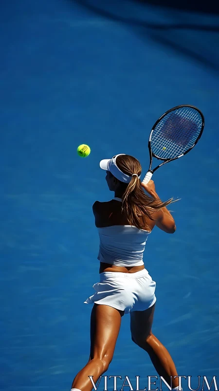 Tennis player drives powerful backhand on blue hardcourt.