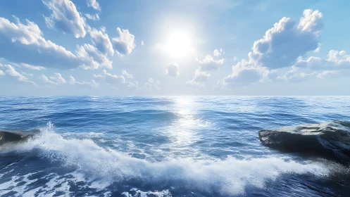 Sunlit ocean waves roll toward rocky shoreline in calm stillness.