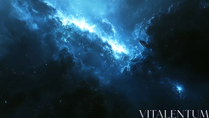 Lone starship glides through luminous blue cosmic storm