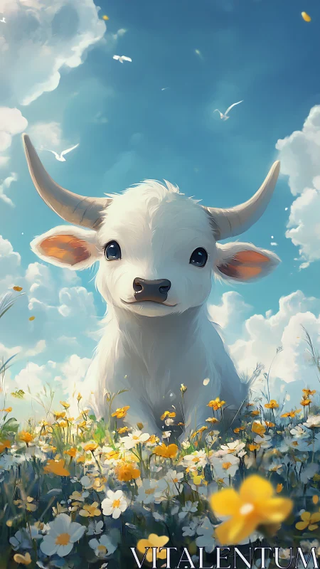 Pastel-rendered calf in luminous floral meadowscape panorama.