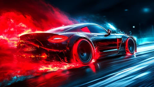 Futuristic sports car racing through neon city streets.