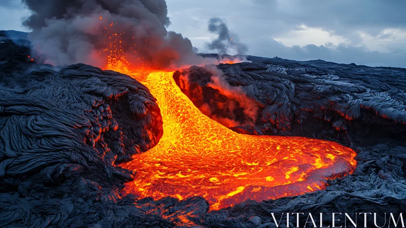Active Lava Flow from Volcanic Eruption. Dark Landscape.