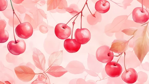 Soft pink cherries float in a dreamy watercolor haze