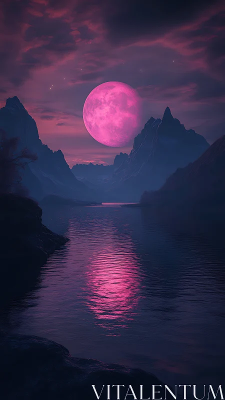 Pink celestial body illuminates mountainous river valley