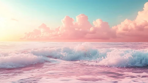Pastel ocean waves under pink clouds at low horizon line.