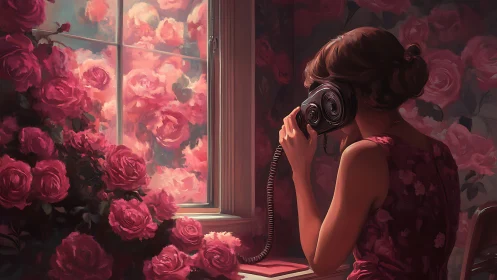 Digital painting of woman on phone framed by blooming roses.
