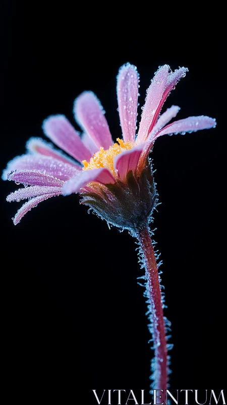 Frozen pink daisy glows against deep black background