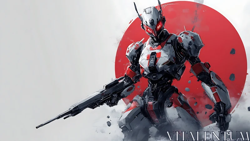 Combat mech with angular armor silhouettes against red solar disc