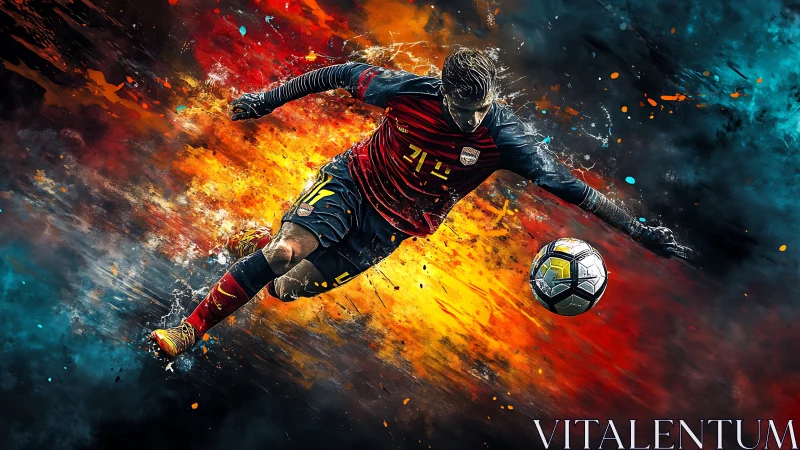 Soccer player in midair kick with abstract color field backdrop.
