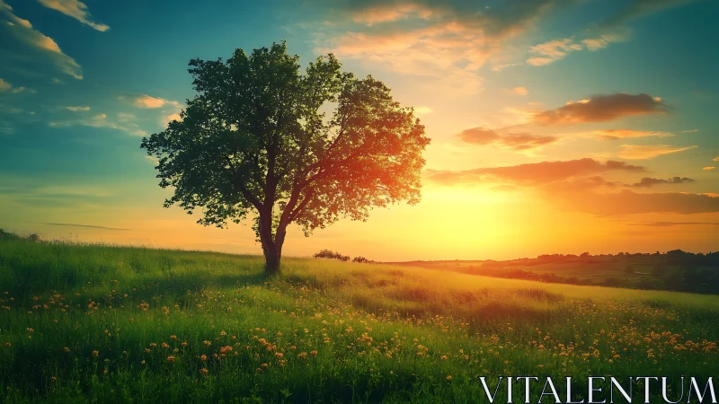 Lone deciduous tree on wildflower meadow at saturated sunset