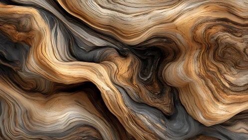 Swirling layered wood grain abstract in warm earth tones.