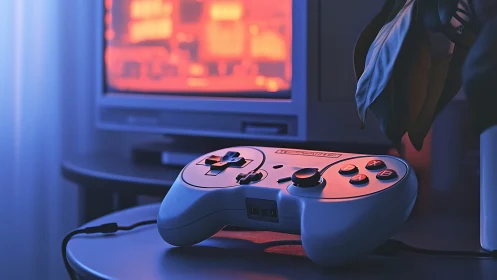 Gaming Controller in Neon-Lit Setup.