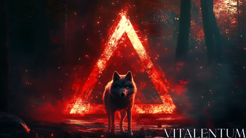 Lone wolf stands before a blazing neon triangle portal in dusk