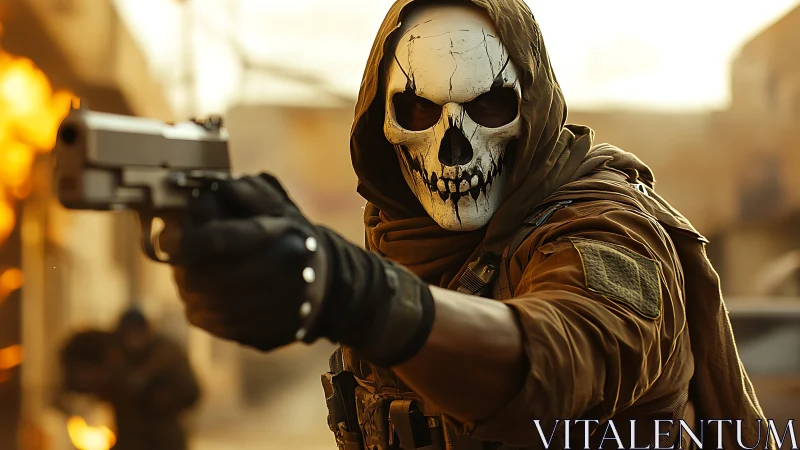Skull-masked soldier aims pistol amid blazing urban chaos