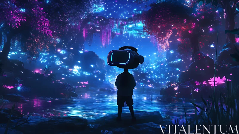 Child explorer with VR headset in neon bioluminescent forest.