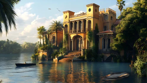 Sunlit riverside villa with lush palms and calm waters.