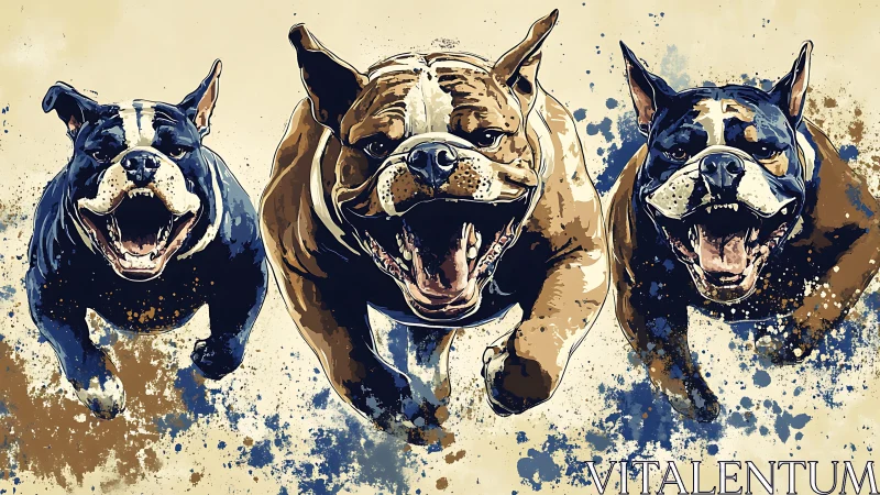 Three stylized running bulldogs are depicted in motion