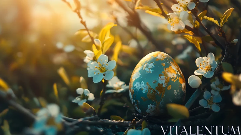 Ornate Easter egg rests in glowing spring blossoms.