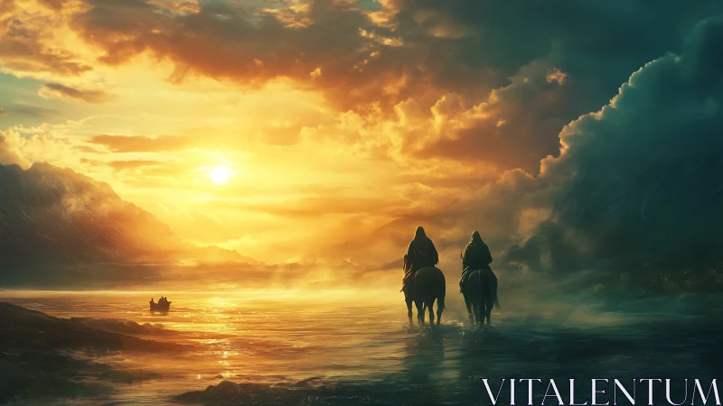 Riders on horseback cross misty water toward vivid sunset.