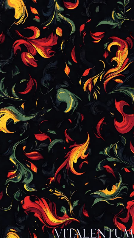 Ornamental Flourish Pattern. Vibrant baroque swirls against dark ground.