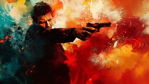 Gunman extends pistol through explosive red teal clouds