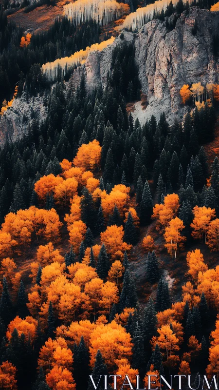 Autumn forest shows orange aspens contrasted with dark conifers